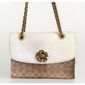 COACH Parker 18 Colorblock Signature Canvas Chalk Leather Chain Bag 30585